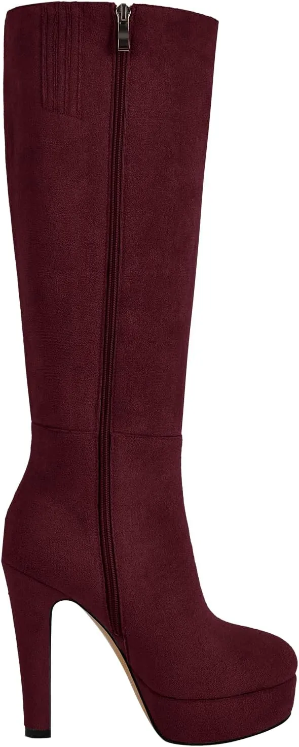 Women's Platform Knee High Boots Solid Color Side Zipper Block High Heels