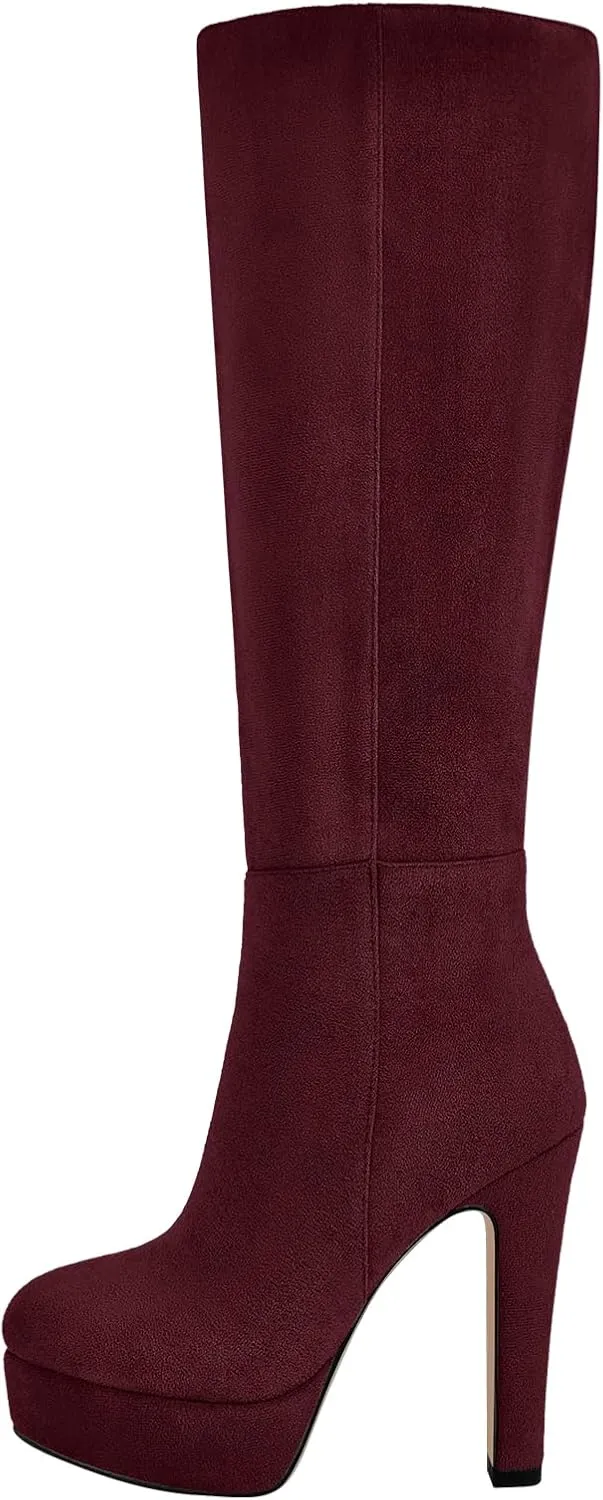 Women's Platform Knee High Boots Solid Color Side Zipper Block High Heels