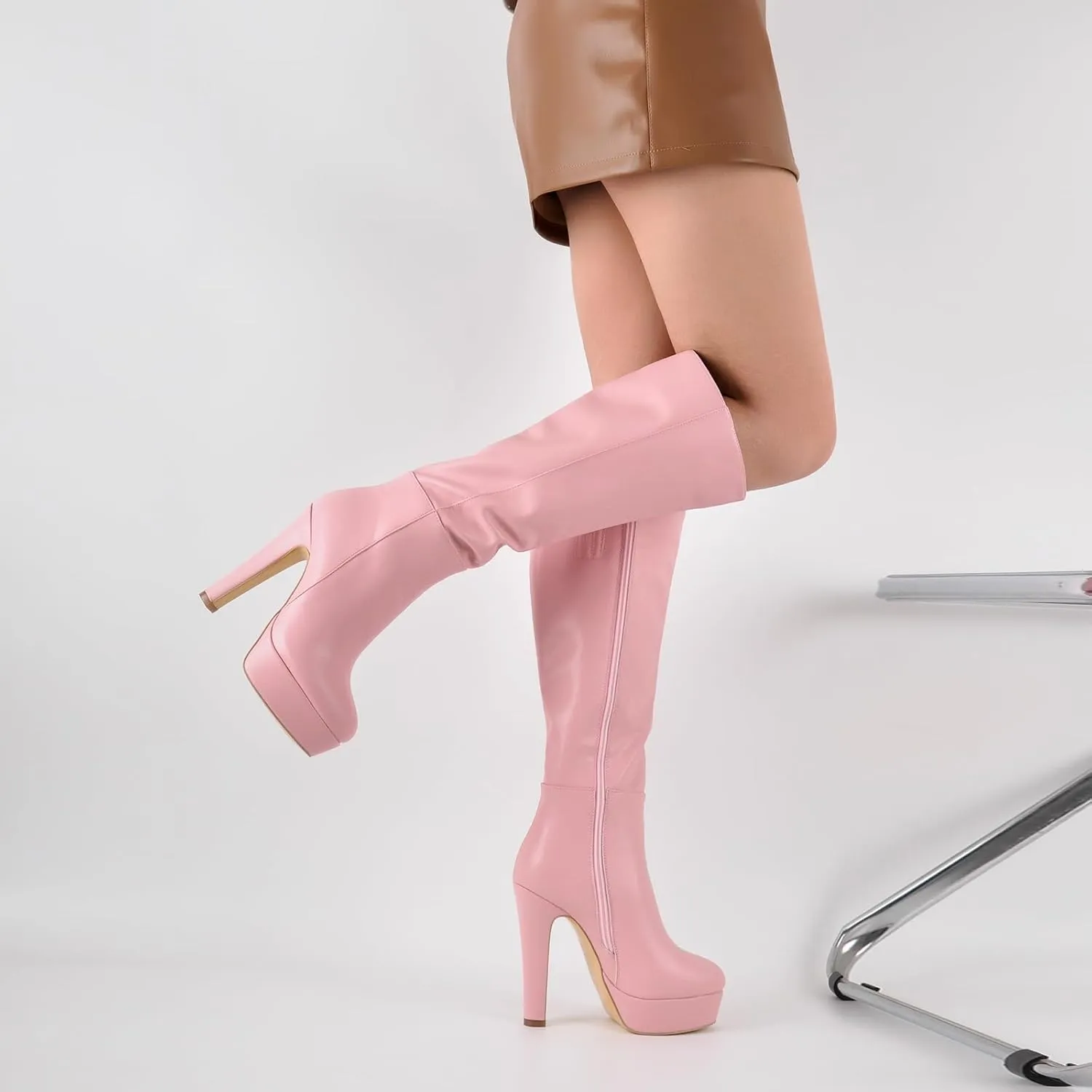 Women's Platform Knee High Boots Solid Color Side Zipper Block High Heels