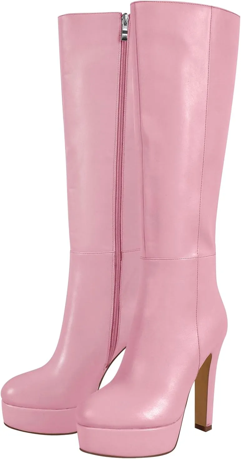 Women's Platform Knee High Boots Solid Color Side Zipper Block High Heels