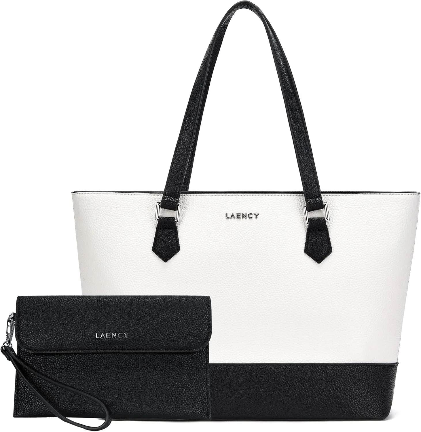 Women's Tote Bag - Large Capacity Faux Leather Handbag, Stylish Black and White Design, Zipper Closure, Ideal for Business and Everyday Use, Includes Detachable Clutch
