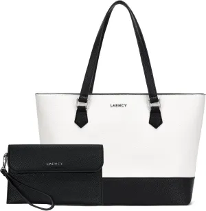 Women's Tote Bag - Large Capacity Faux Leather Handbag, Stylish Black and White Design, Zipper Closure, Ideal for Business and Everyday Use, Includes Detachable Clutch