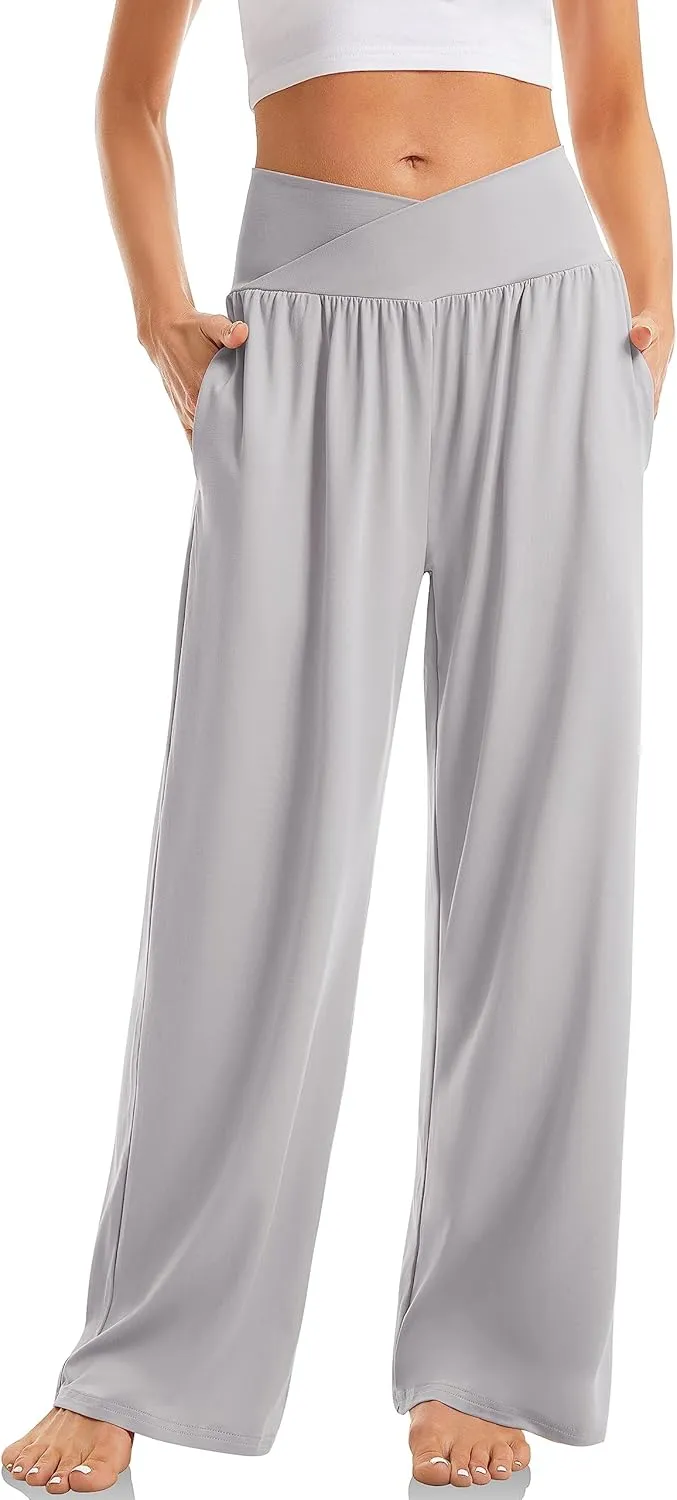 Womens Wide Leg Pants Casual Loose Fit Pants Yoga Trousers Fashion Trendy Crossover Flowy Pant with Pockets 2025