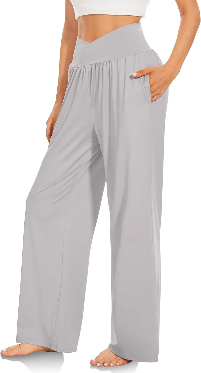 Womens Wide Leg Pants Casual Loose Fit Pants Yoga Trousers Fashion Trendy Crossover Flowy Pant with Pockets 2025