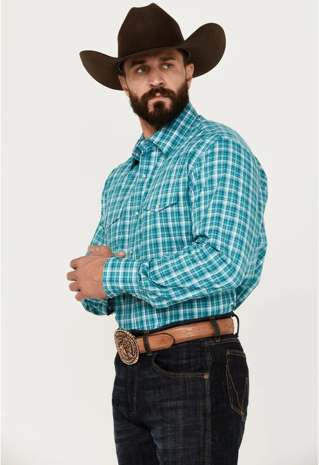 Wrangler Men's Logo Long Sleeve Western Snap Plaid Shirt