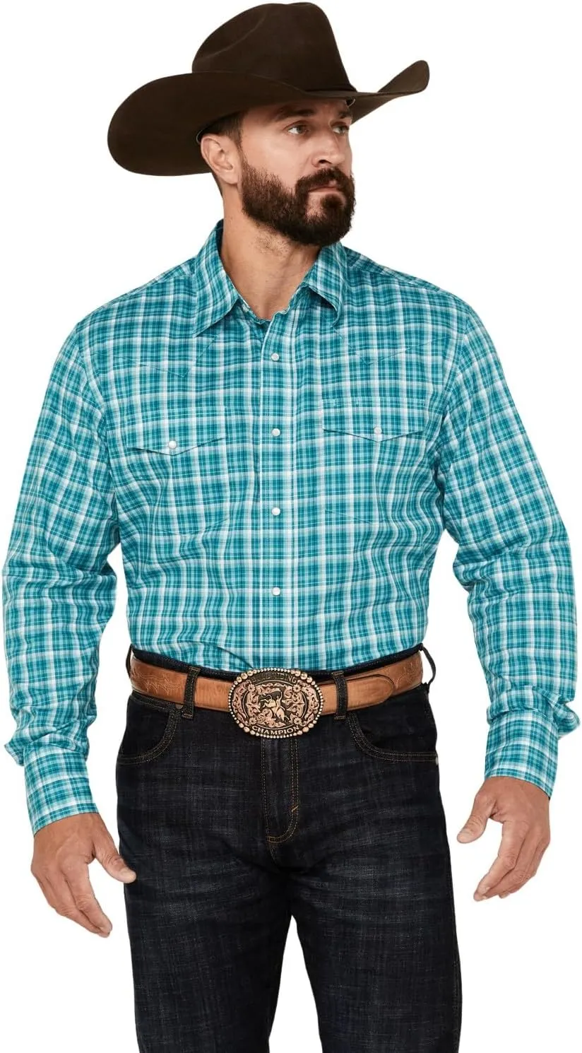 Wrangler Men's Logo Long Sleeve Western Snap Plaid Shirt