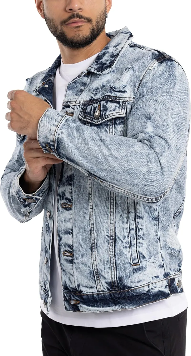 X RAY Mens Denim Jacket, Washed Ripped Distressed Flex Stretch Casual Trucker Biker Jeans Jacket for Men