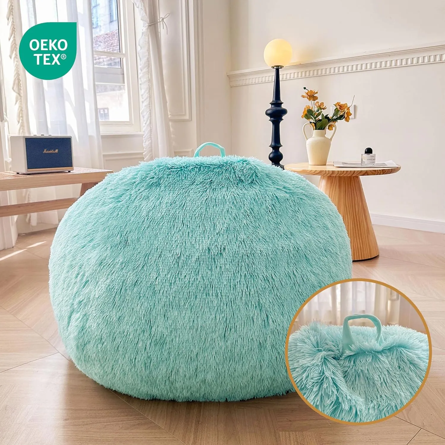 XeGe Fluffy Stuffed Animal Storage Bean Bag Chair Cover(No Filler), Faux Fur Washable Soft Bean Bag Cover for Plush Toys or Textile, Plush Shaggy Large Bean Bag for Adults Kids Teens, Aqua Ombre