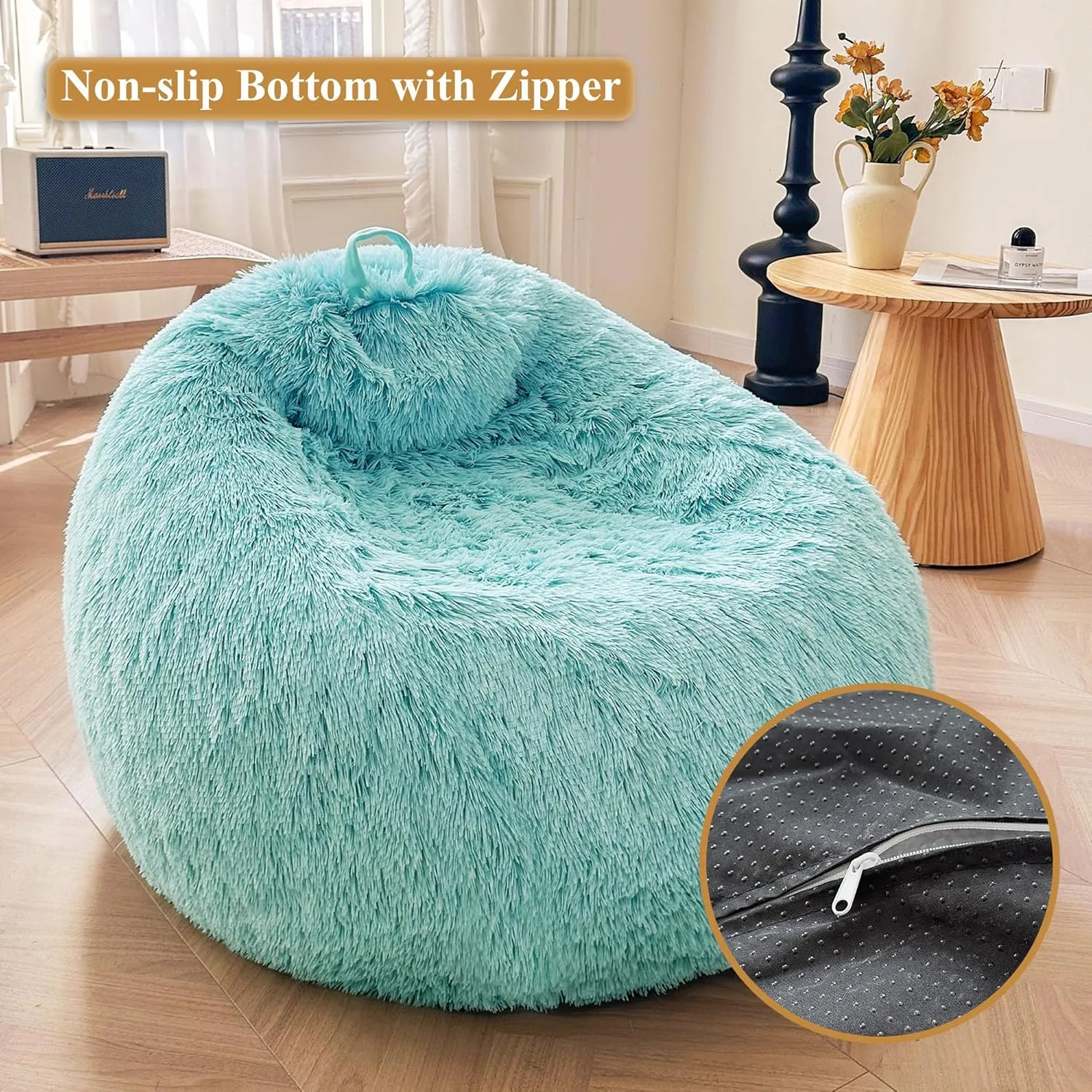 XeGe Fluffy Stuffed Animal Storage Bean Bag Chair Cover(No Filler), Faux Fur Washable Soft Bean Bag Cover for Plush Toys or Textile, Plush Shaggy Large Bean Bag for Adults Kids Teens, Aqua Ombre