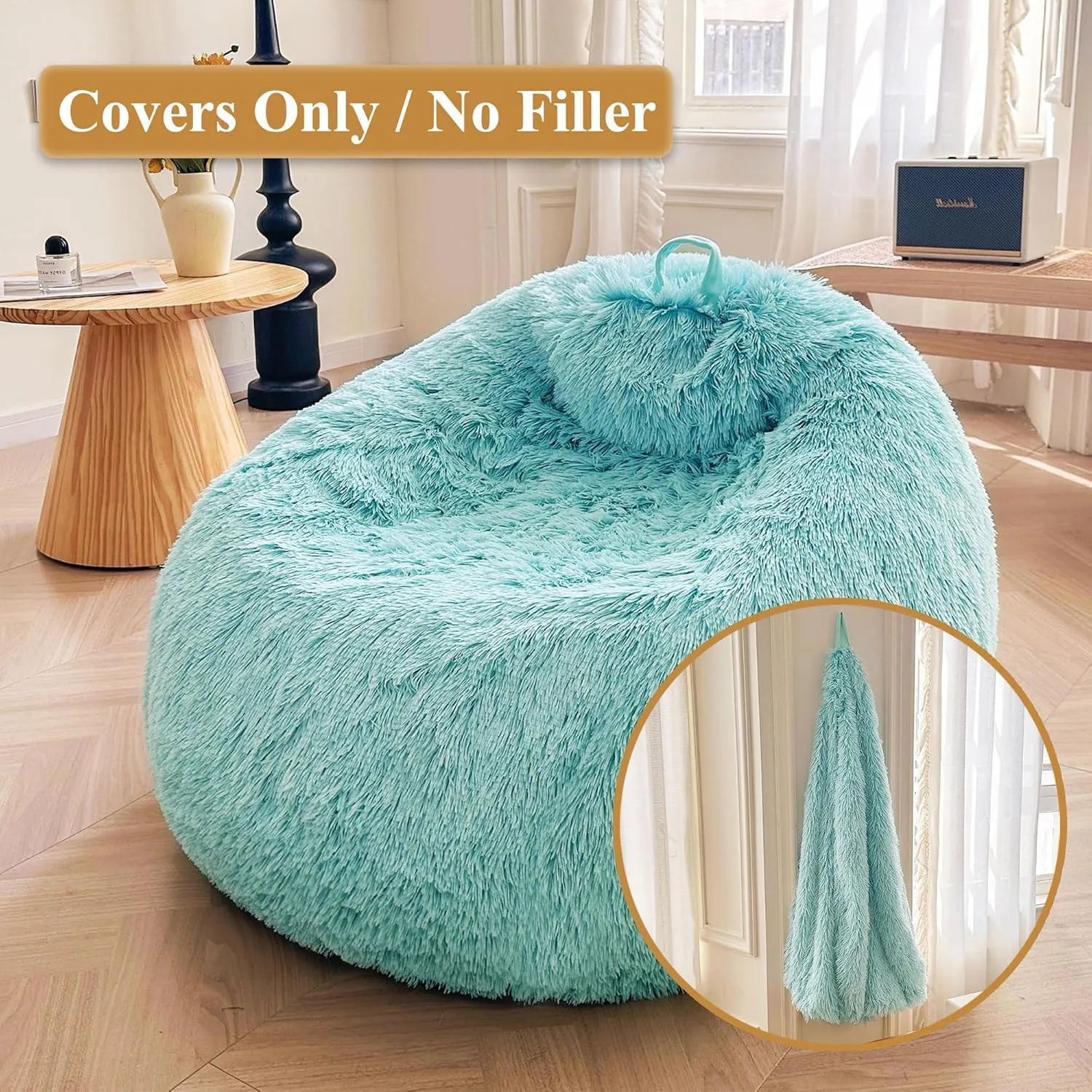 XeGe Fluffy Stuffed Animal Storage Bean Bag Chair Cover(No Filler), Faux Fur Washable Soft Bean Bag Cover for Plush Toys or Textile, Plush Shaggy Large Bean Bag for Adults Kids Teens, Aqua Ombre