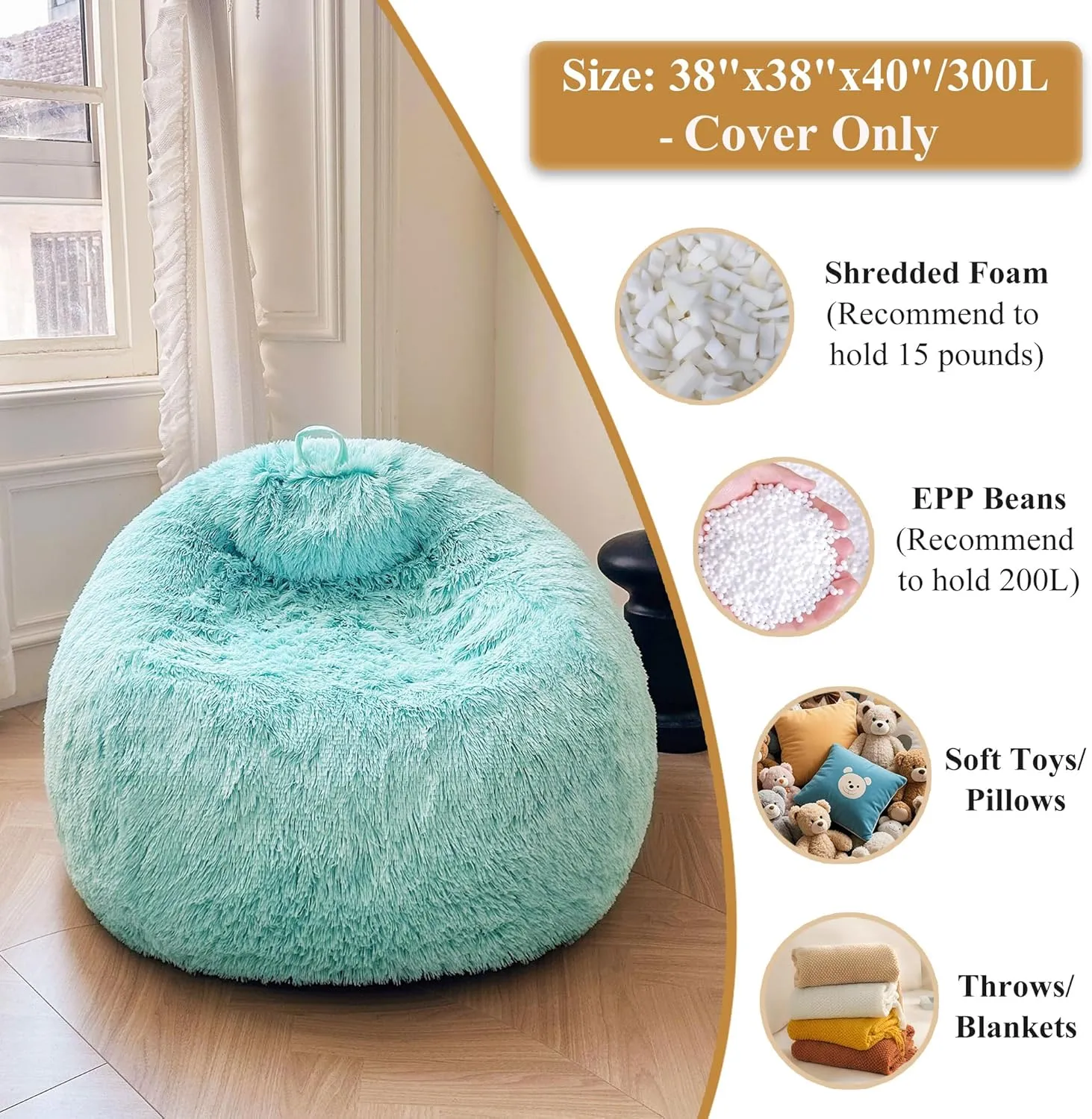 XeGe Fluffy Stuffed Animal Storage Bean Bag Chair Cover(No Filler), Faux Fur Washable Soft Bean Bag Cover for Plush Toys or Textile, Plush Shaggy Large Bean Bag for Adults Kids Teens, Aqua Ombre
