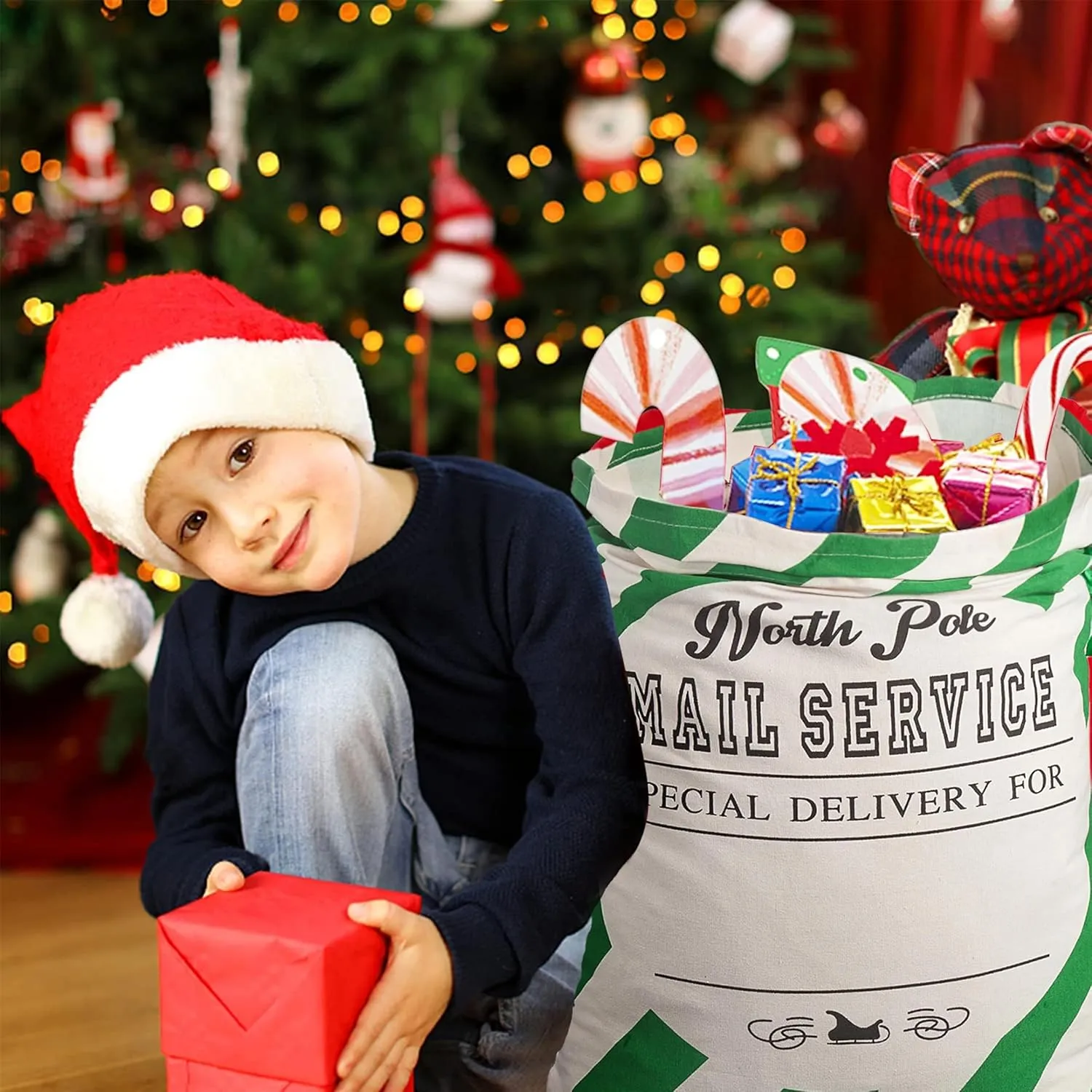 XinblueCo Santa Sack 2 Pack Christmas Stripe Canvas Santa Bag with Drawstring Xmas Personalied Gift Bag Extra Large Christmas Sacks Size 27.5"x19.5"(Stripe)
