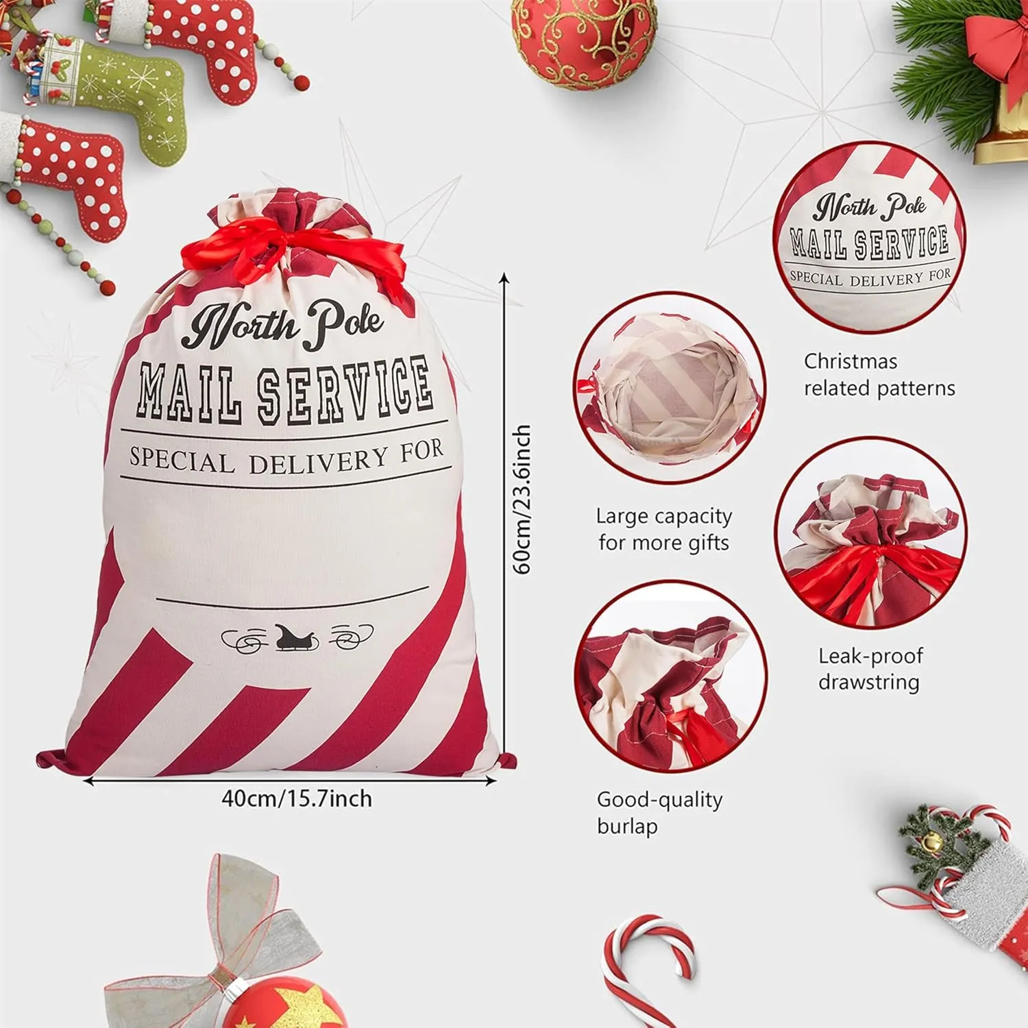 XinblueCo Santa Sack 2 Pack Christmas Stripe Canvas Santa Bag with Drawstring Xmas Personalied Gift Bag Extra Large Christmas Sacks Size 27.5"x19.5"(Stripe)