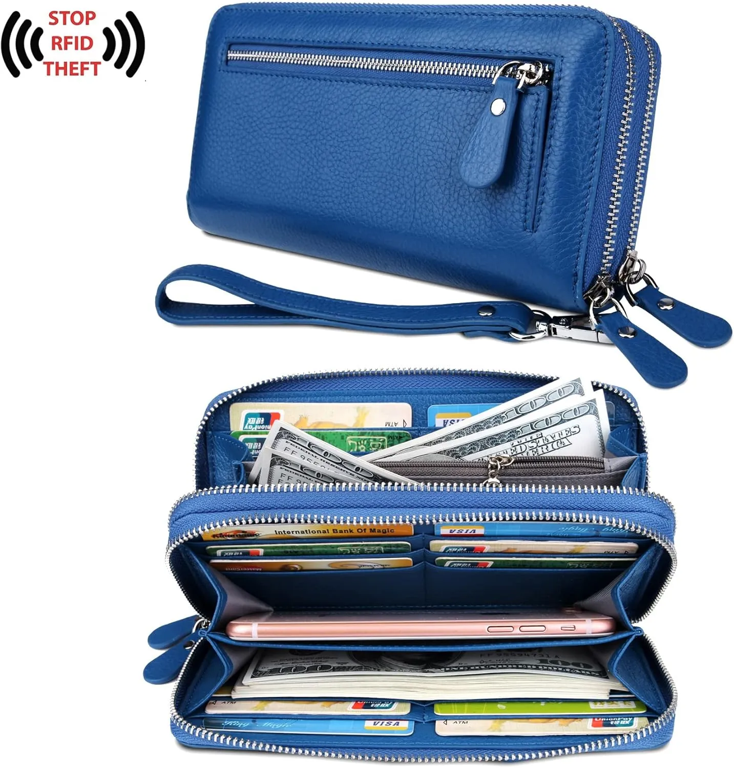 YALUXE Real Leather Zip Around Wallet RFID Blocking Wristlet Handbag Purse Clutch with Double Zipper Pockets