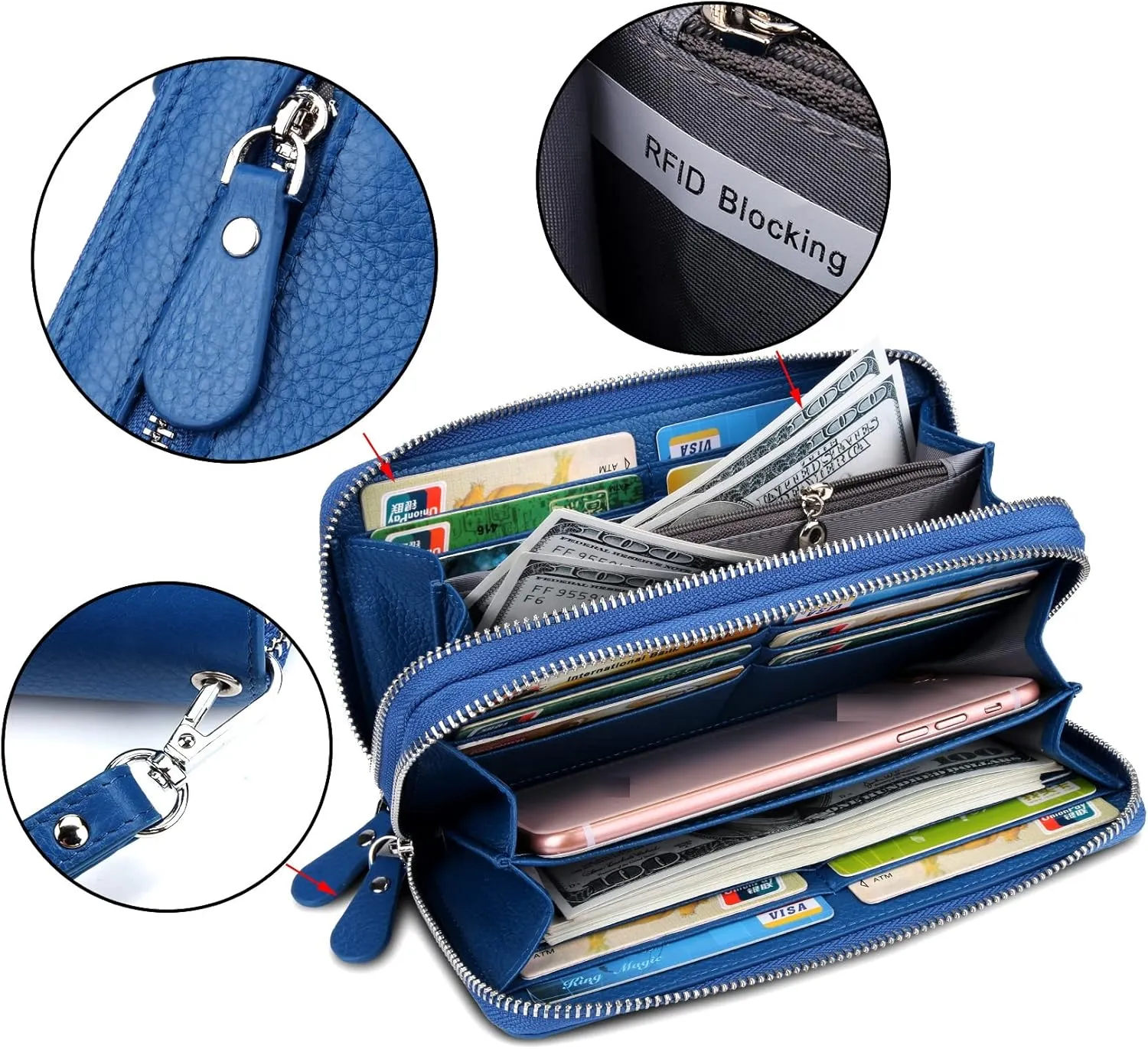 YALUXE Real Leather Zip Around Wallet RFID Blocking Wristlet Handbag Purse Clutch with Double Zipper Pockets