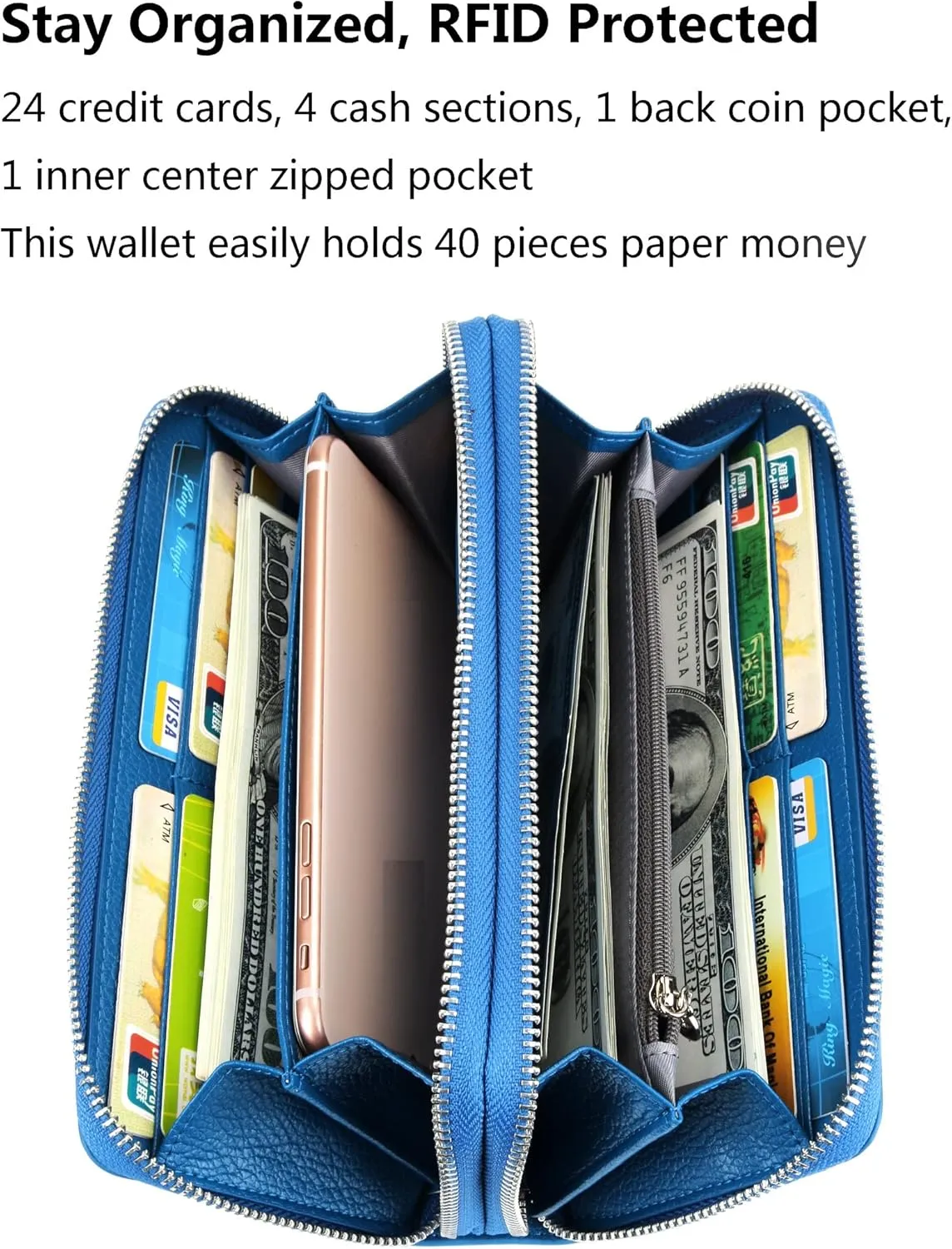 YALUXE Real Leather Zip Around Wallet RFID Blocking Wristlet Handbag Purse Clutch with Double Zipper Pockets
