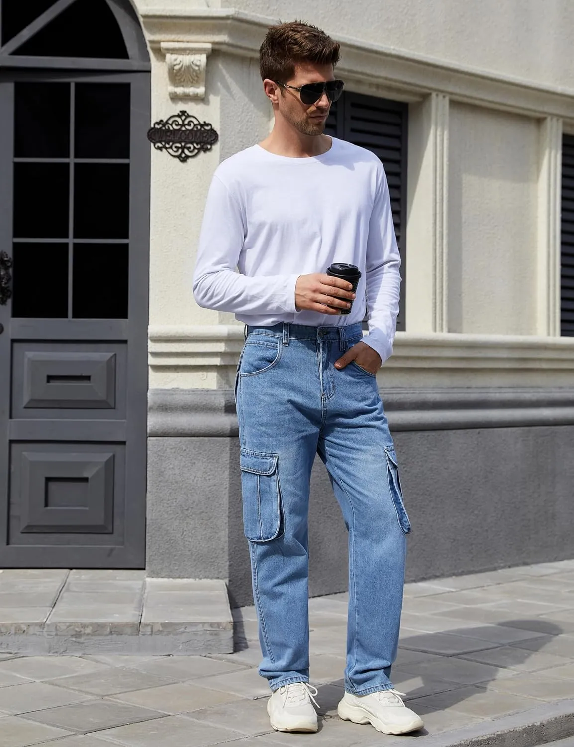 Yeokou Men's Casual Loose Hip Hop Denim Work Pants Jeans with Cargo Pockets