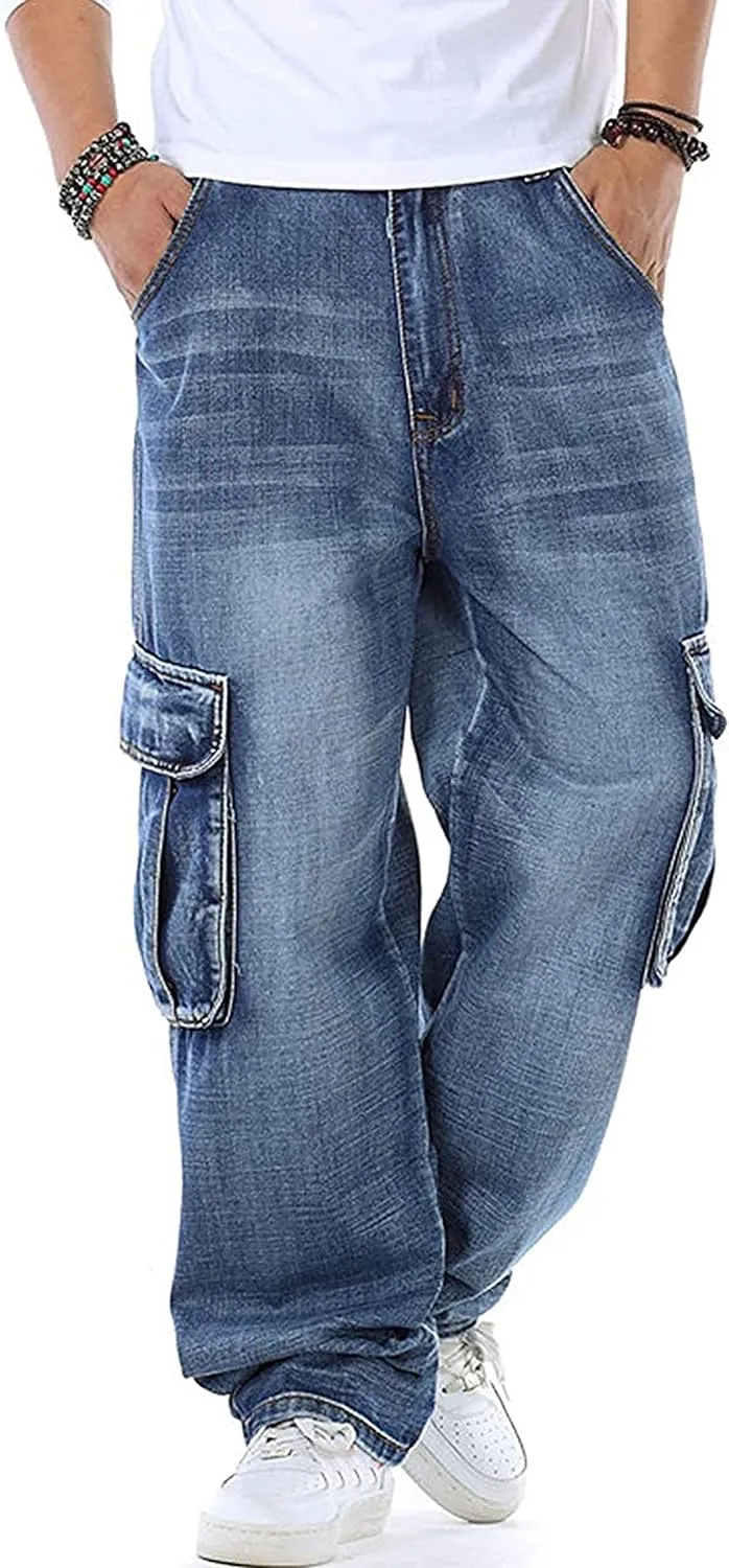 Yeokou Men's Casual Loose Hip Hop Denim Work Pants Jeans with Cargo Pockets