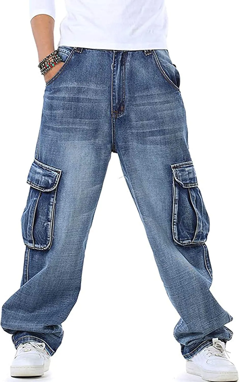 Yeokou Men's Casual Loose Hip Hop Denim Work Pants Jeans with Cargo Pockets