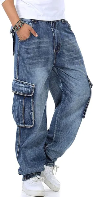 Yeokou Men's Casual Loose Hip Hop Denim Work Pants Jeans with Cargo Pockets