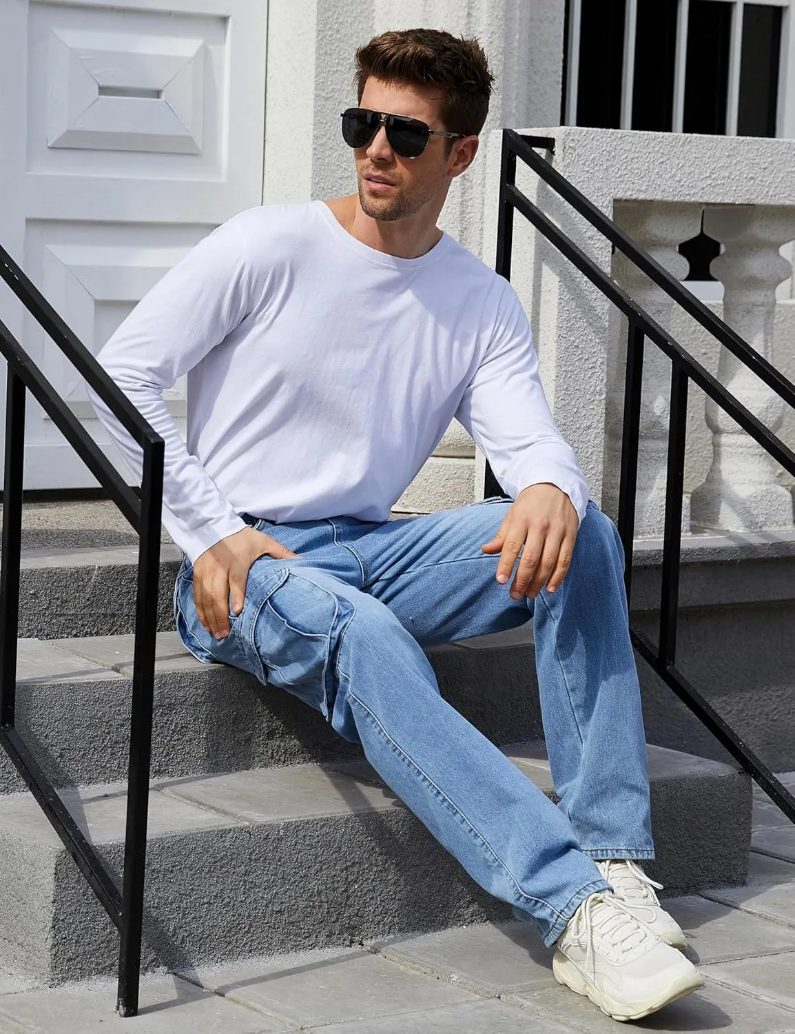 Yeokou Men's Casual Loose Hip Hop Denim Work Pants Jeans with Cargo Pockets