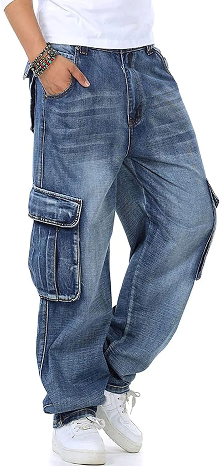 Yeokou Men's Casual Loose Hip Hop Denim Work Pants Jeans with Cargo Pockets