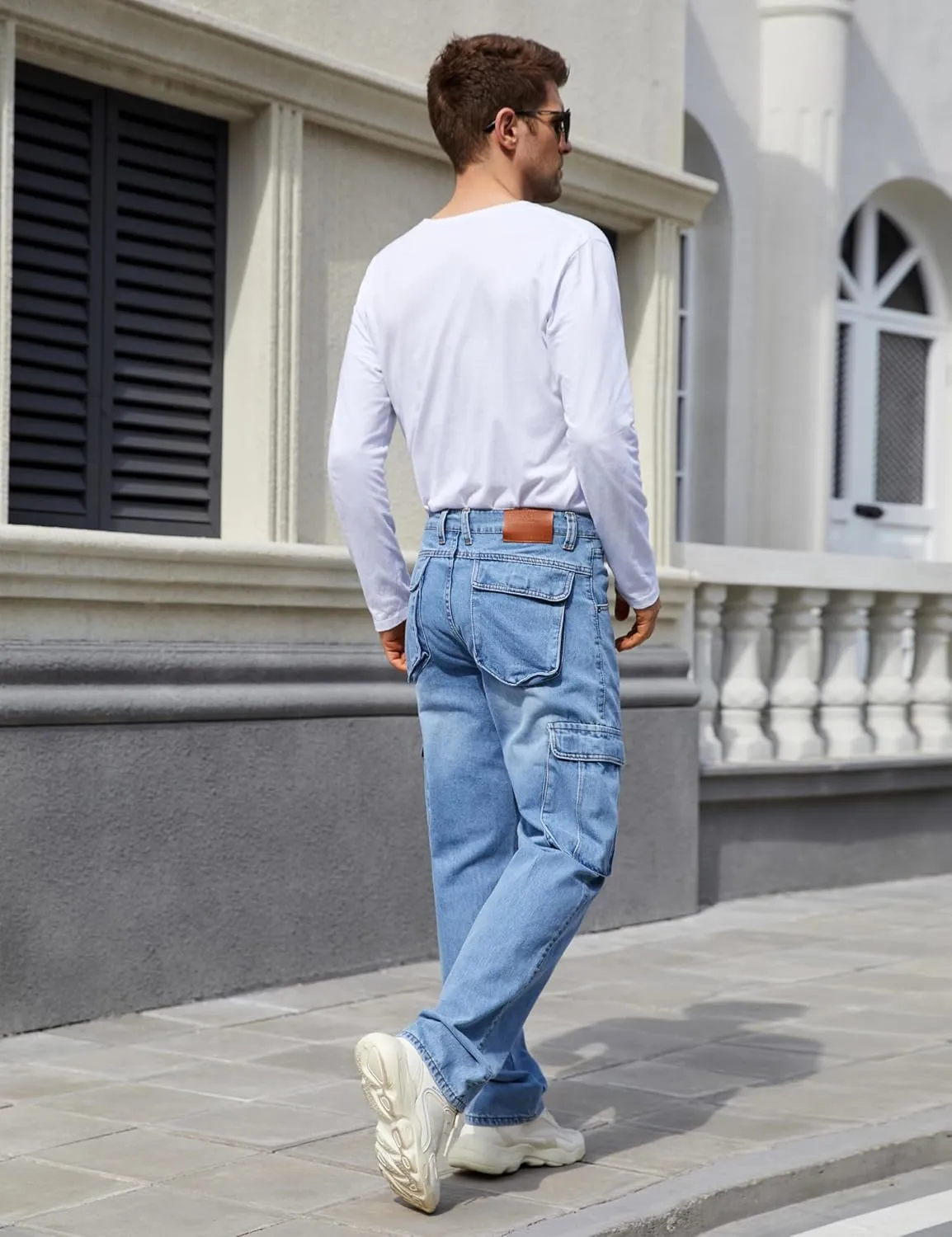 Yeokou Men's Casual Loose Hip Hop Denim Work Pants Jeans with Cargo Pockets