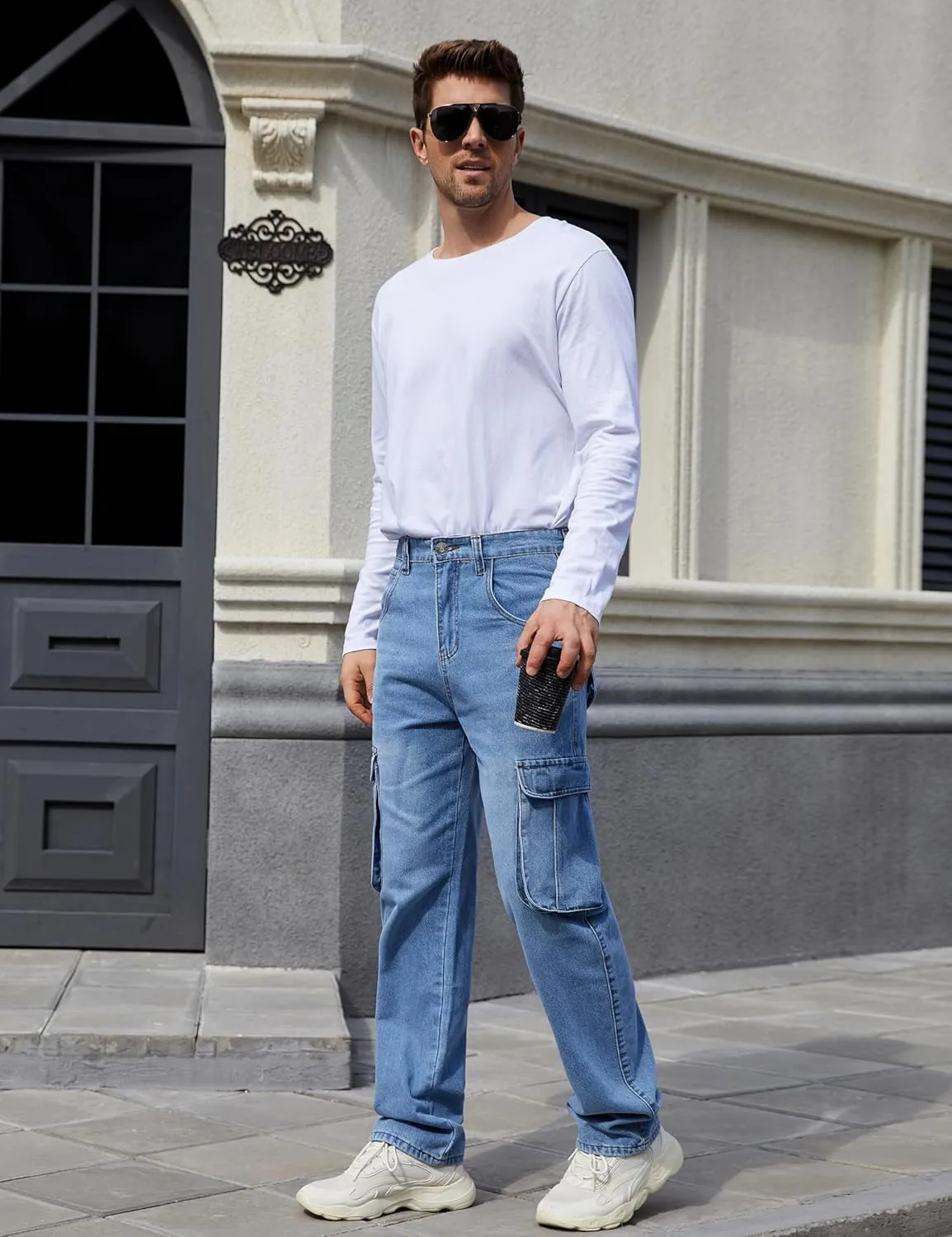 Yeokou Men's Casual Loose Hip Hop Denim Work Pants Jeans with Cargo Pockets