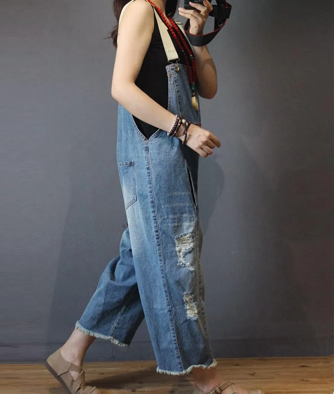 YESNO Women Casual Loose Cropped Denim Jumpsuits Rompers Jeans Overalls Distressed Ripped Fringed/Pockets P49