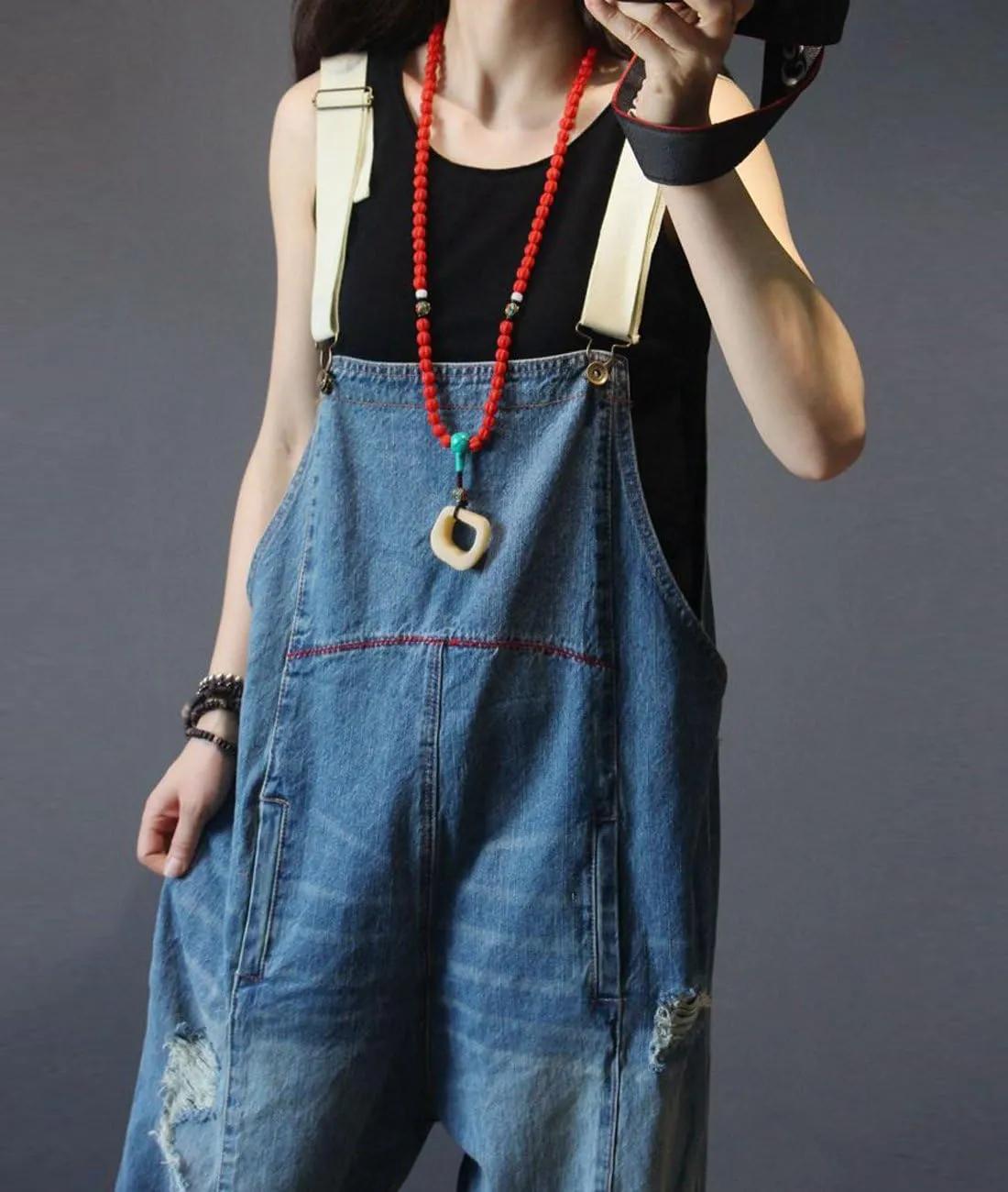 YESNO Women Casual Loose Cropped Denim Jumpsuits Rompers Jeans Overalls Distressed Ripped Fringed/Pockets P49