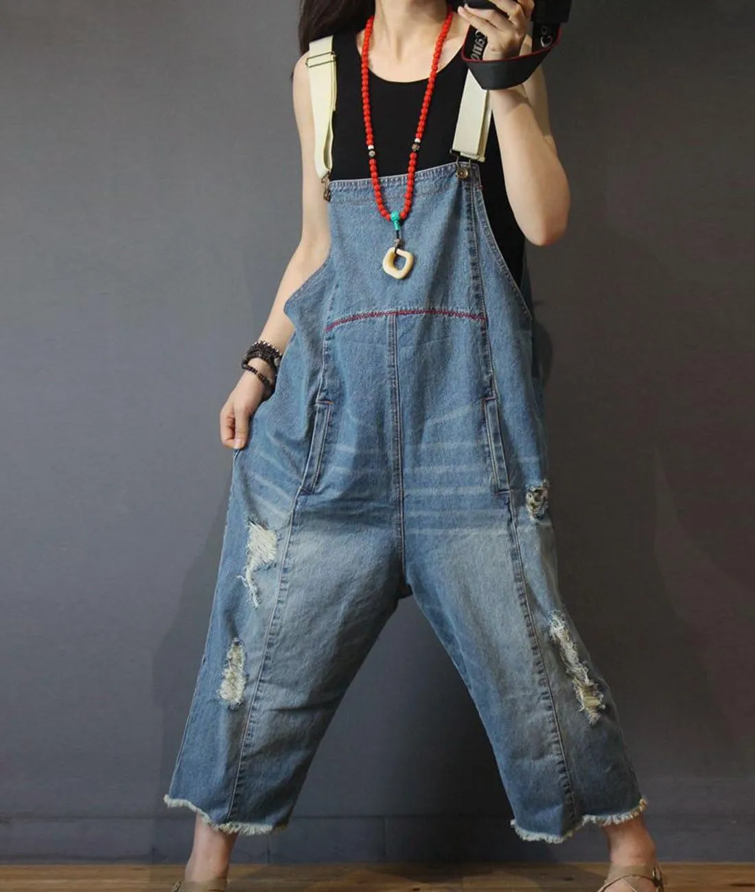 YESNO Women Casual Loose Cropped Denim Jumpsuits Rompers Jeans Overalls Distressed Ripped Fringed/Pockets P49