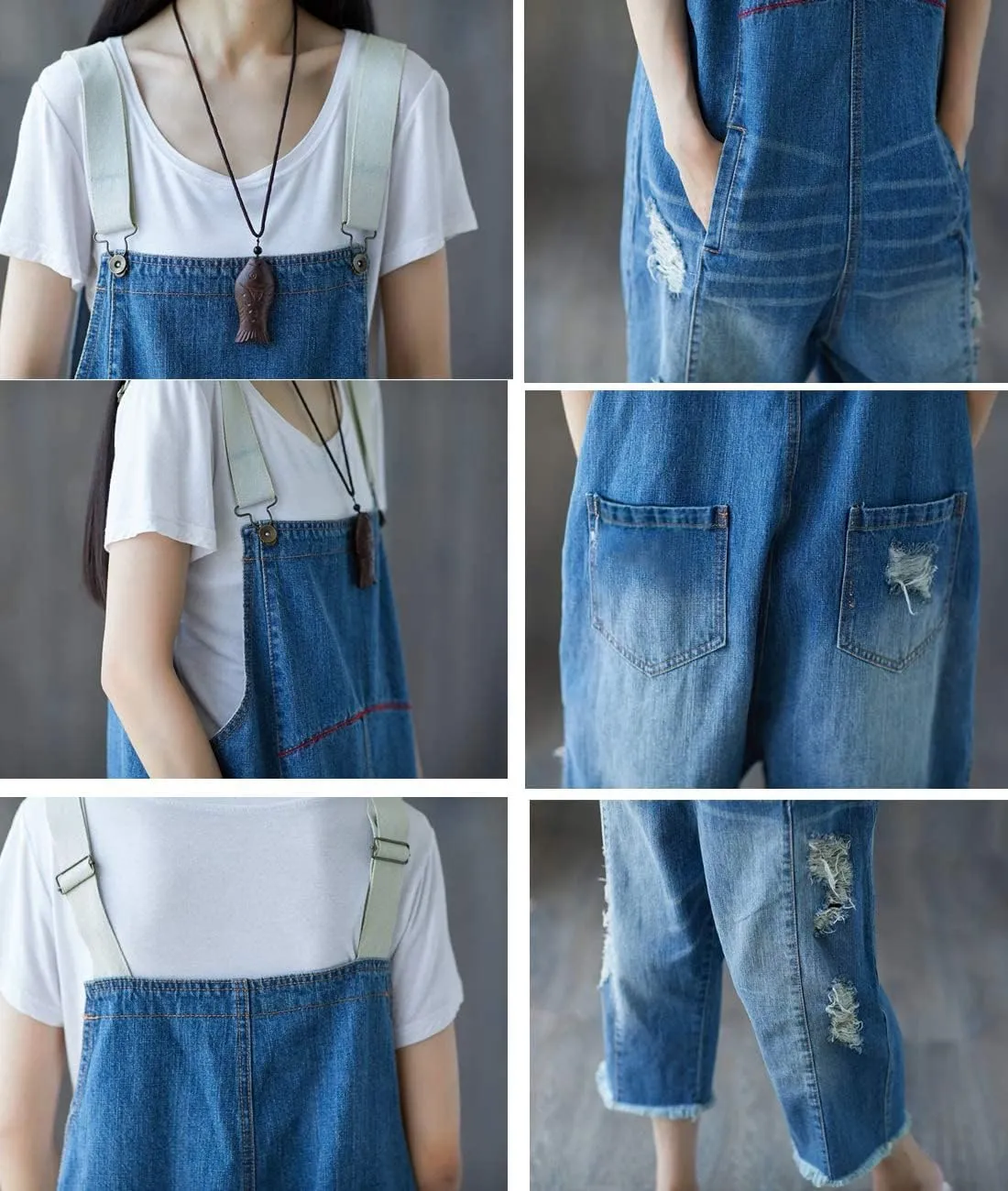 YESNO Women Casual Loose Cropped Denim Jumpsuits Rompers Jeans Overalls Distressed Ripped Fringed/Pockets P49