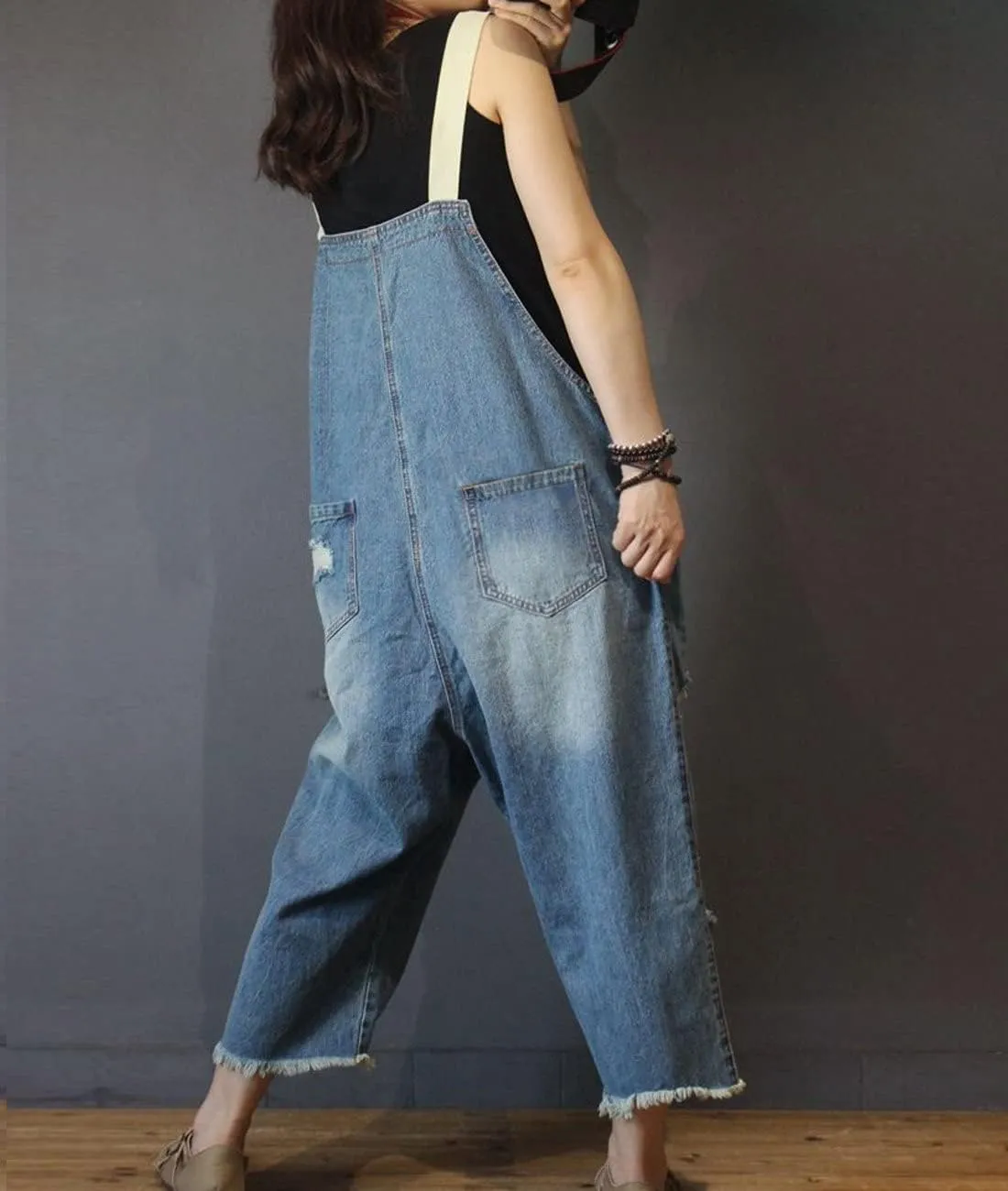 YESNO Women Casual Loose Cropped Denim Jumpsuits Rompers Jeans Overalls Distressed Ripped Fringed/Pockets P49
