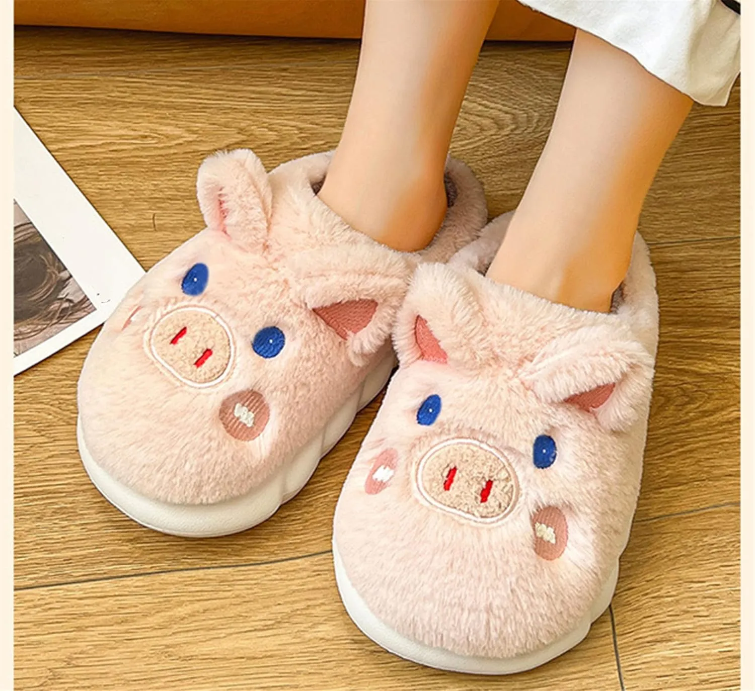 YILANLAN Women's Cute Pig Animal Cow Winter Warm Soft Plush Home Cotton Slippers