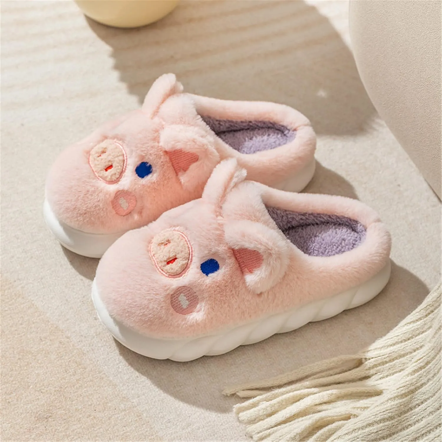 YILANLAN Women's Cute Pig Animal Cow Winter Warm Soft Plush Home Cotton Slippers
