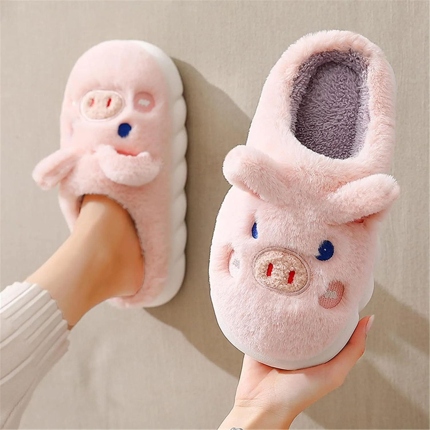 YILANLAN Women's Cute Pig Animal Cow Winter Warm Soft Plush Home Cotton Slippers