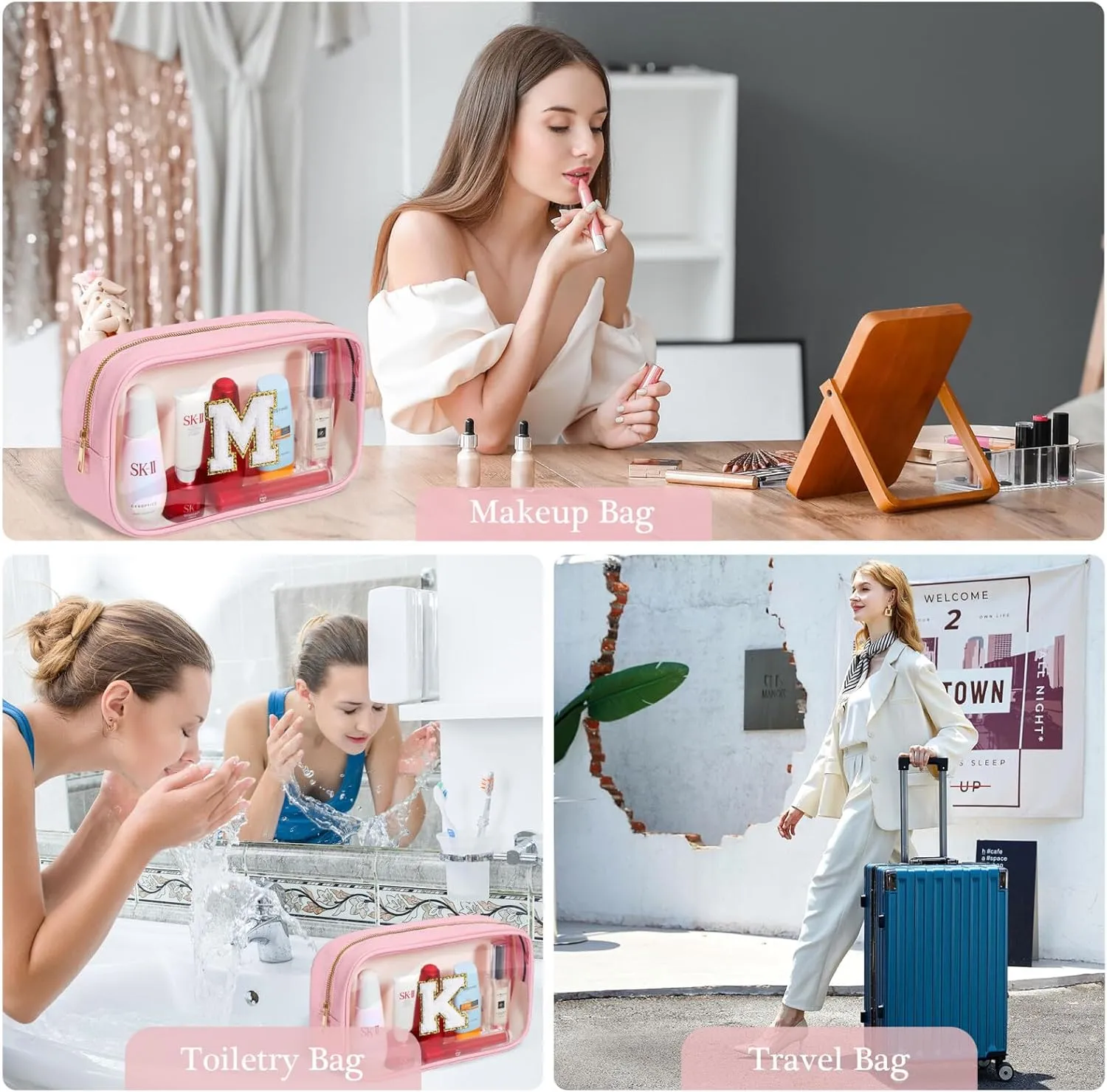 YOOLIFE Birthday Gifts | Initial Travel Essentials Makeup Bag, Clear Toiletry Bag Pouch Cosmetic Bag Case Large Makeup Bag Personalized Pink Birthday Gifts for Women Teacher Mom Teen Friends J