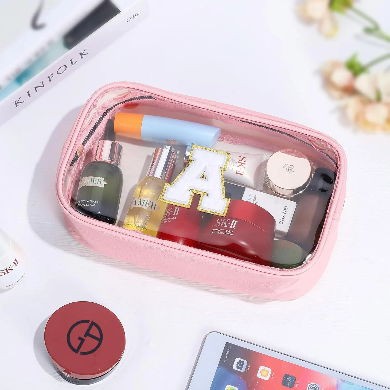 YOOLIFE Birthday Gifts | Initial Travel Essentials Makeup Bag, Clear Toiletry Bag Pouch Cosmetic Bag Case Large Makeup Bag Personalized Pink Birthday Gifts for Women Teacher Mom Teen Friends J
