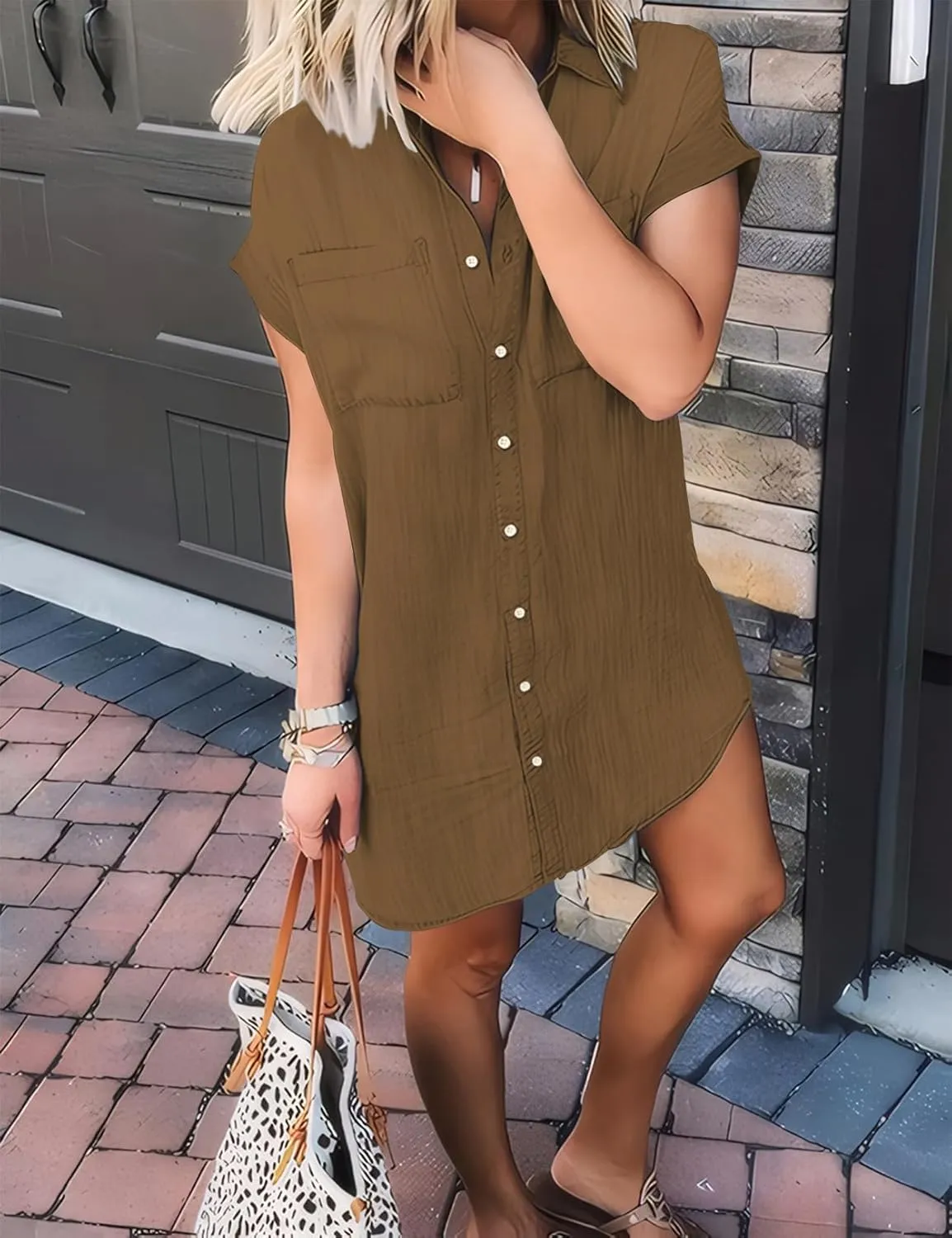 Zilcremo Women Denim Shirt Dresses Short Sleeve Distressed Jean Dress Button Down Casual Tunic Top