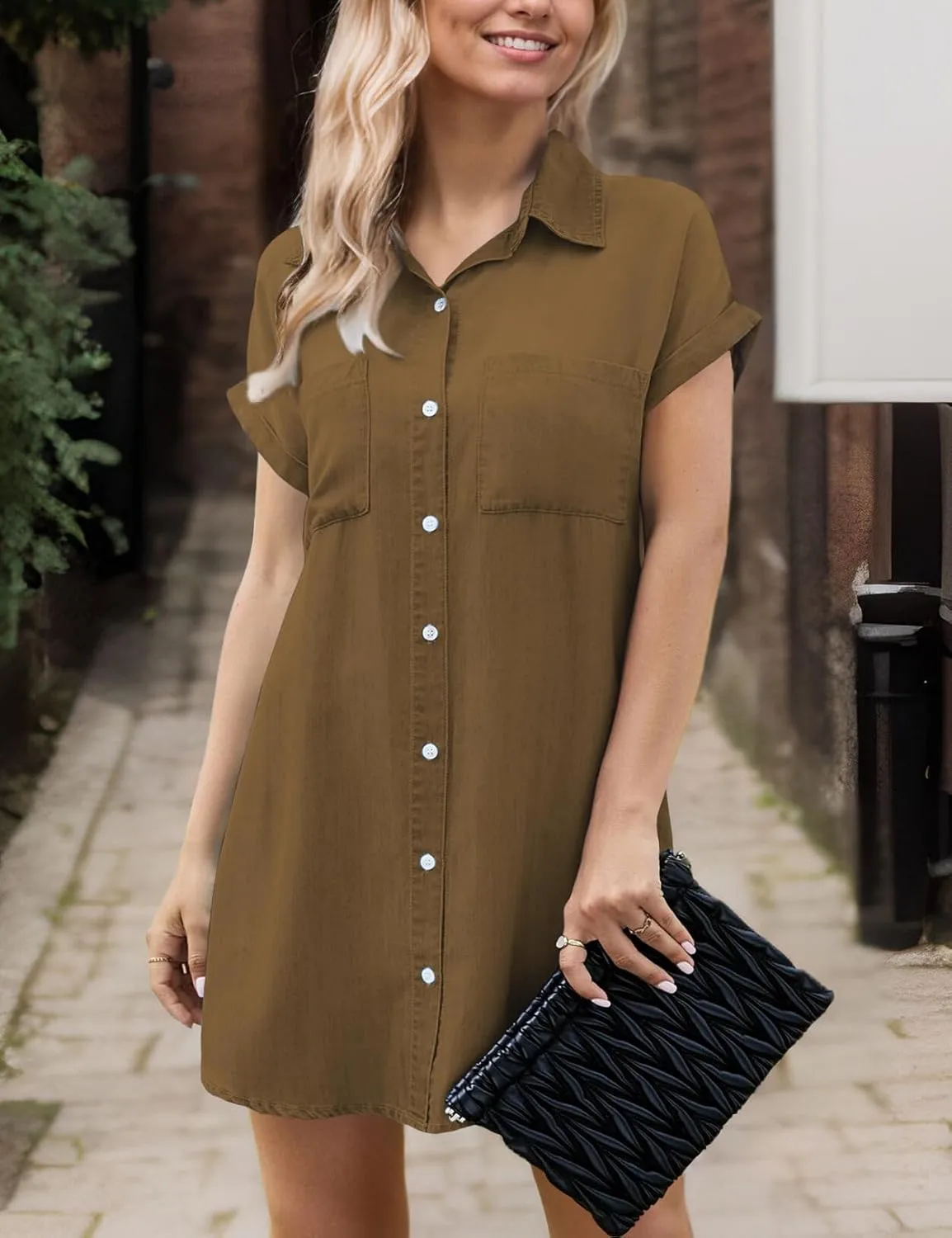 Zilcremo Women Denim Shirt Dresses Short Sleeve Distressed Jean Dress Button Down Casual Tunic Top