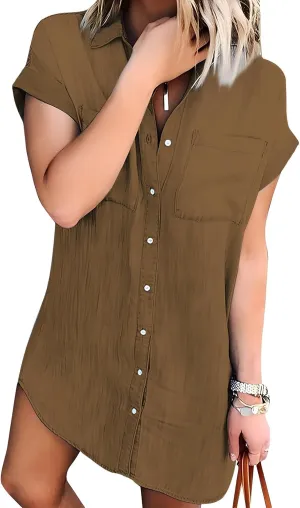 Zilcremo Women Denim Shirt Dresses Short Sleeve Distressed Jean Dress Button Down Casual Tunic Top