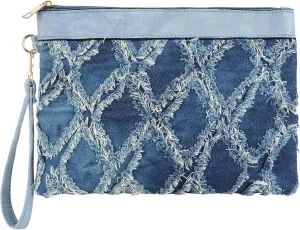 ZLM BAG US Women Distressed Denim Evening Purse Pu Leather Clutch Handbag Rhombus Pattern Wristlet Bag
