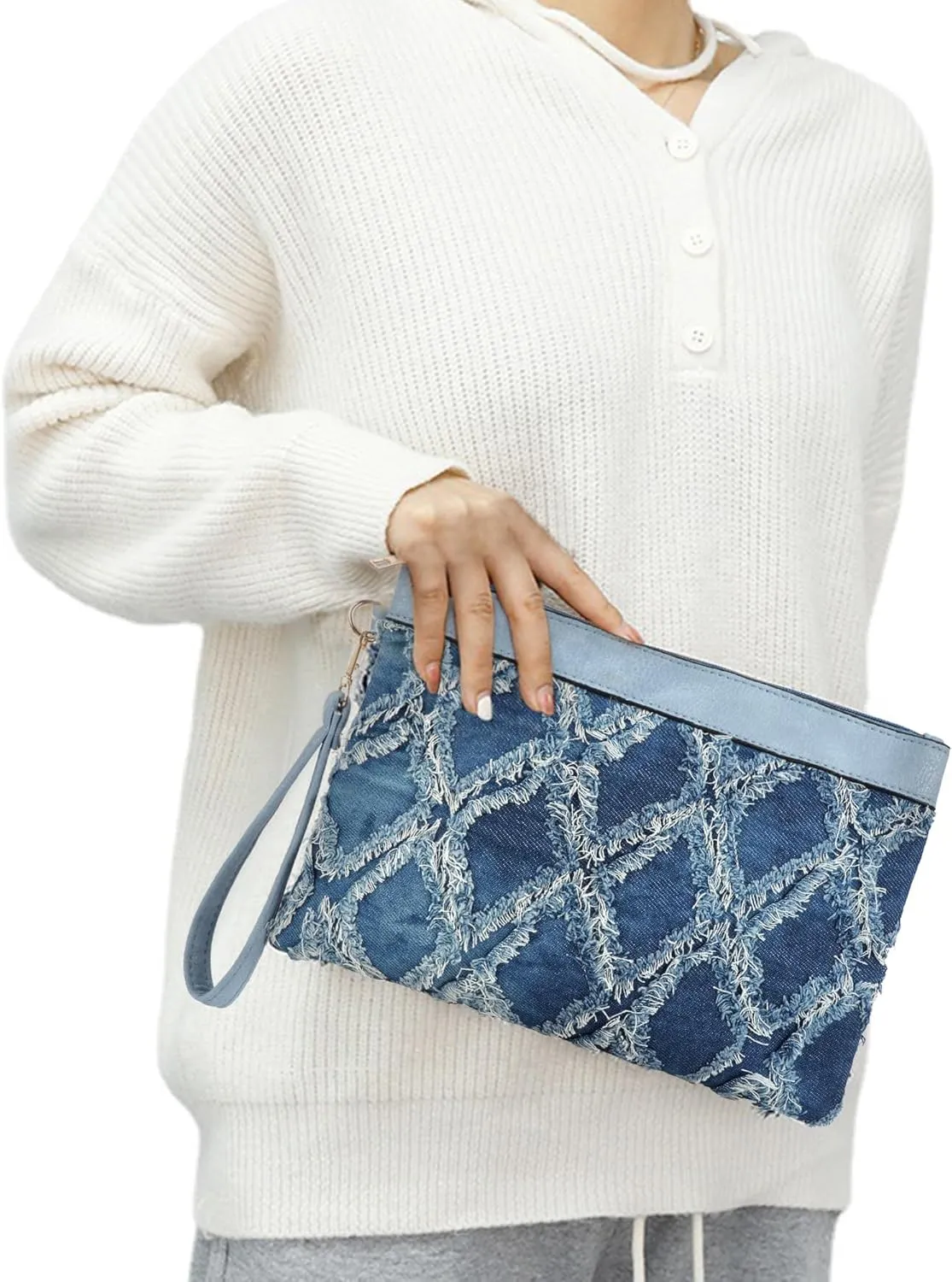 ZLM BAG US Women Distressed Denim Evening Purse Pu Leather Clutch Handbag Rhombus Pattern Wristlet Bag