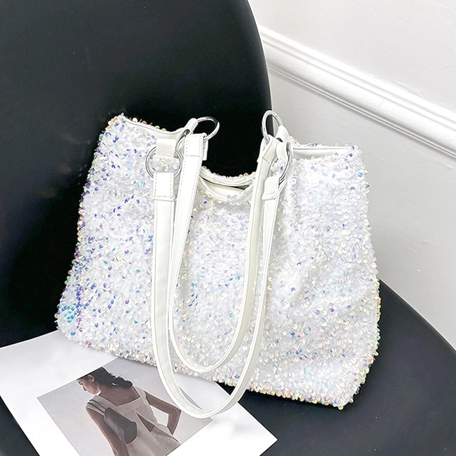 ZLM BAG US Women's Glitter Sequins Shoulder Tote Big Capacity Shimmer Shopping Bag Sparkling Handbag Purse